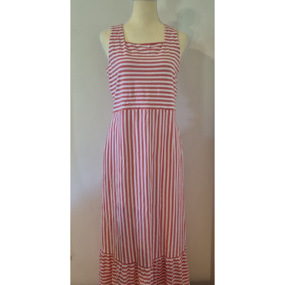 Lands' End Maxi Dress S Stripe Square Neck Tiered Cotton Pockets Coastal Summer